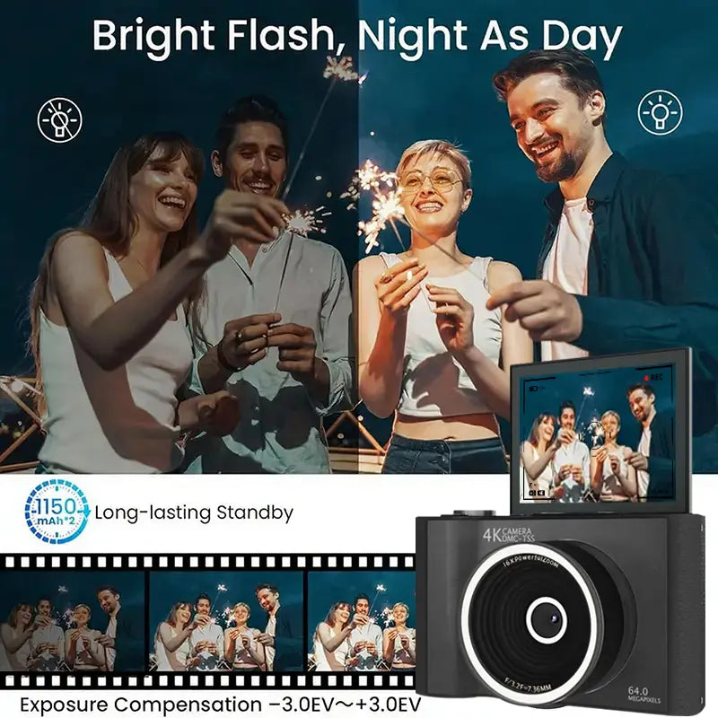 Foldable Vlogging Camera, 32GB SD, Self Timer & Wrist Strap – Portable Gift for Teens