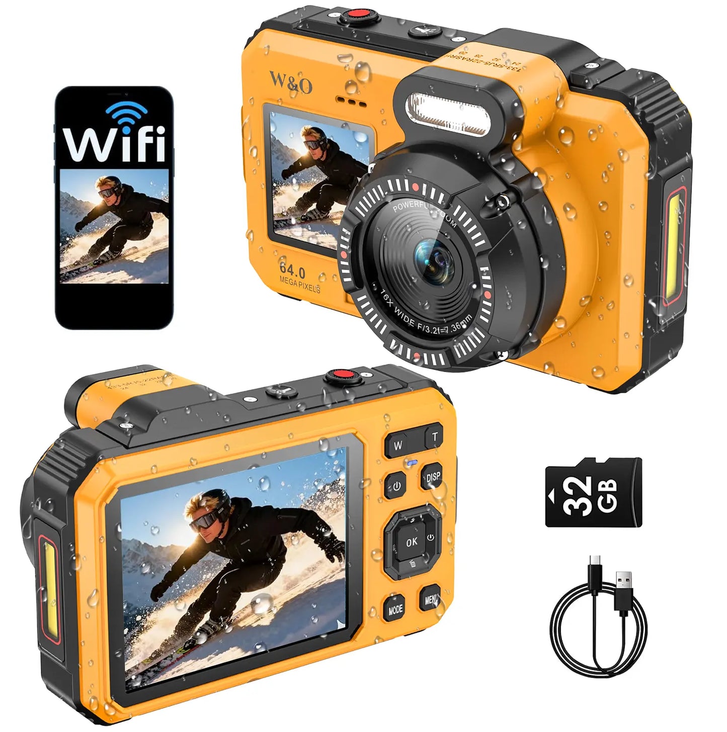 4K Underwater Camera, 64MP Dual-Screen, Waterproof, Autofocus, 32GB SD, 18X Zoom for Snorkeling