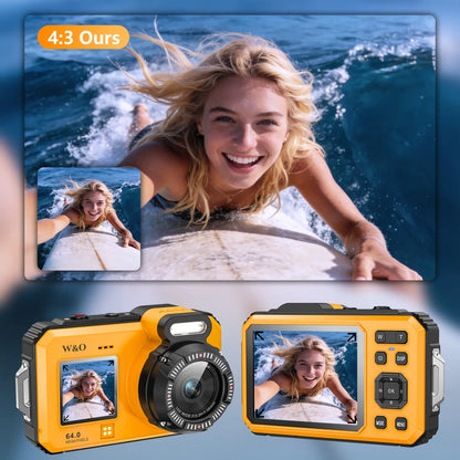 4K Underwater Camera, 64MP Dual-Screen, Waterproof, Autofocus, 32GB SD, 18X Zoom for Snorkeling