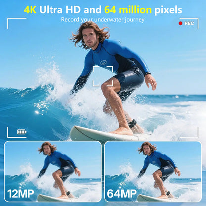 4K Underwater Camera, 64MP Dual-Screen, Waterproof, Autofocus, 32GB SD, 18X Zoom for Snorkeling