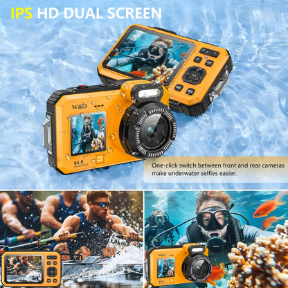 4K Underwater Camera, 64MP Dual-Screen, Waterproof, Autofocus, 32GB SD, 18X Zoom for Snorkeling