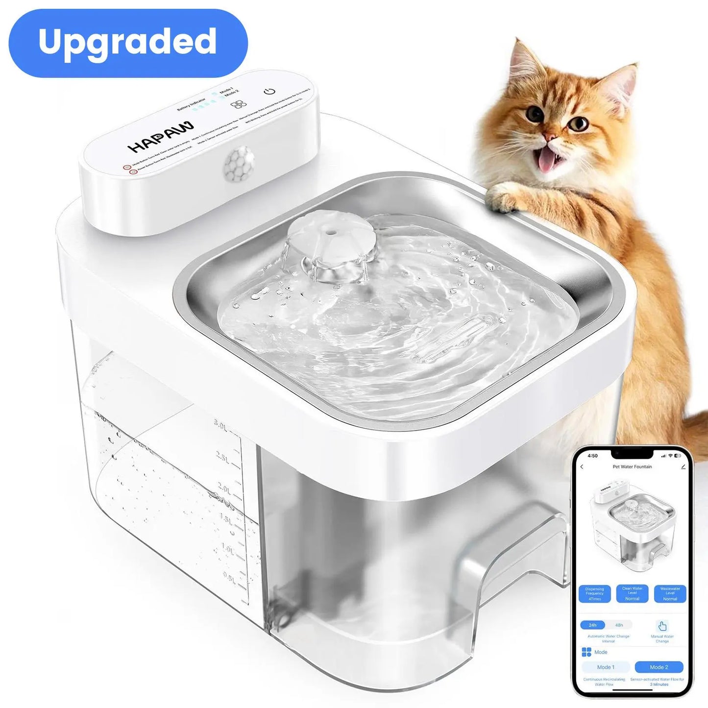 HAPAW Smart Cat Water Fountain – Wi-Fi App Control Automatic Pet Feeder with 5000mAh Rechargeable Battery, Filter-Free Fresh Water System