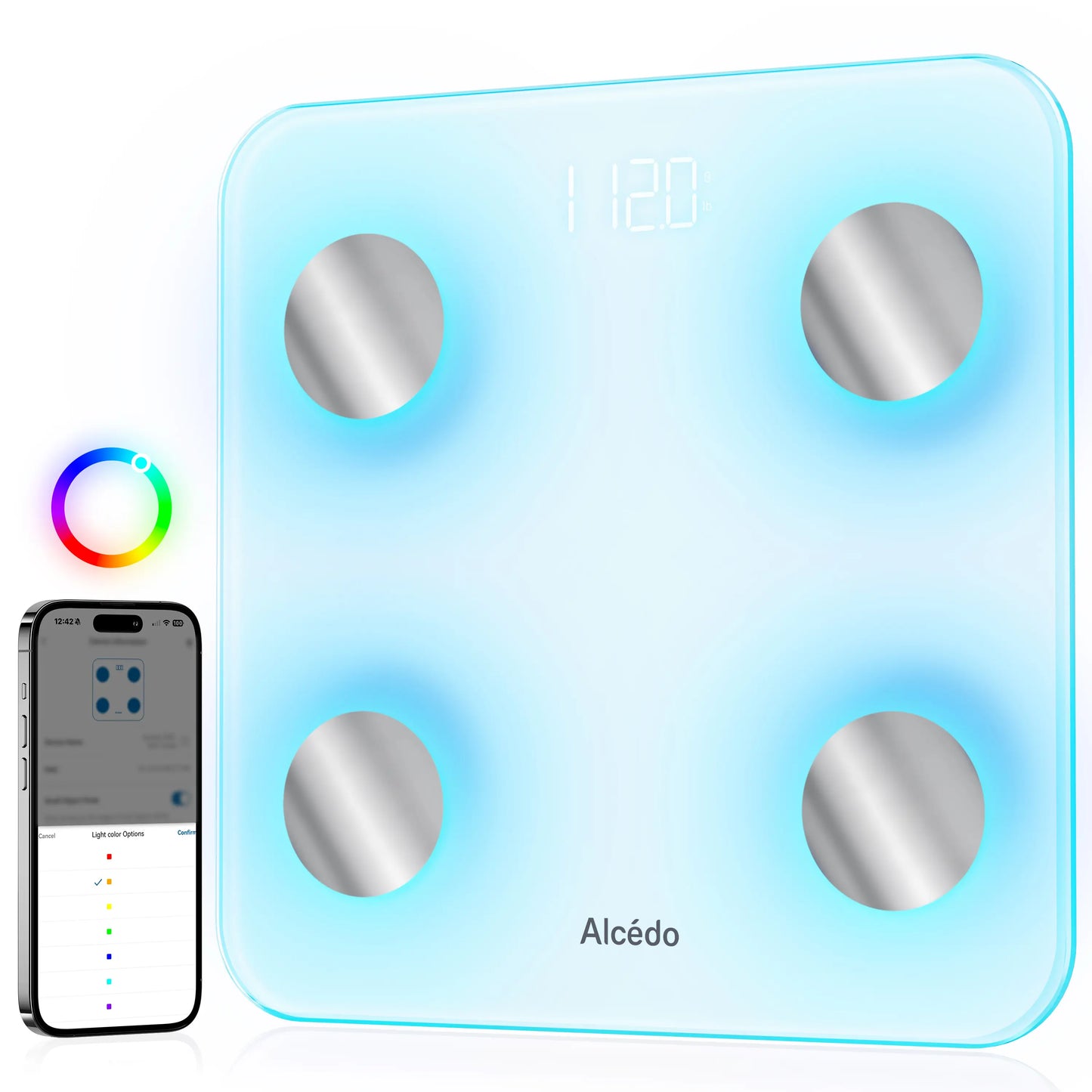 Alcedo Bluetooth Smart Scale – Digital Weight Scale with Body Fat & BMI Tracking, 7-Color Glowing Display and App-Based Body Composition Analysis