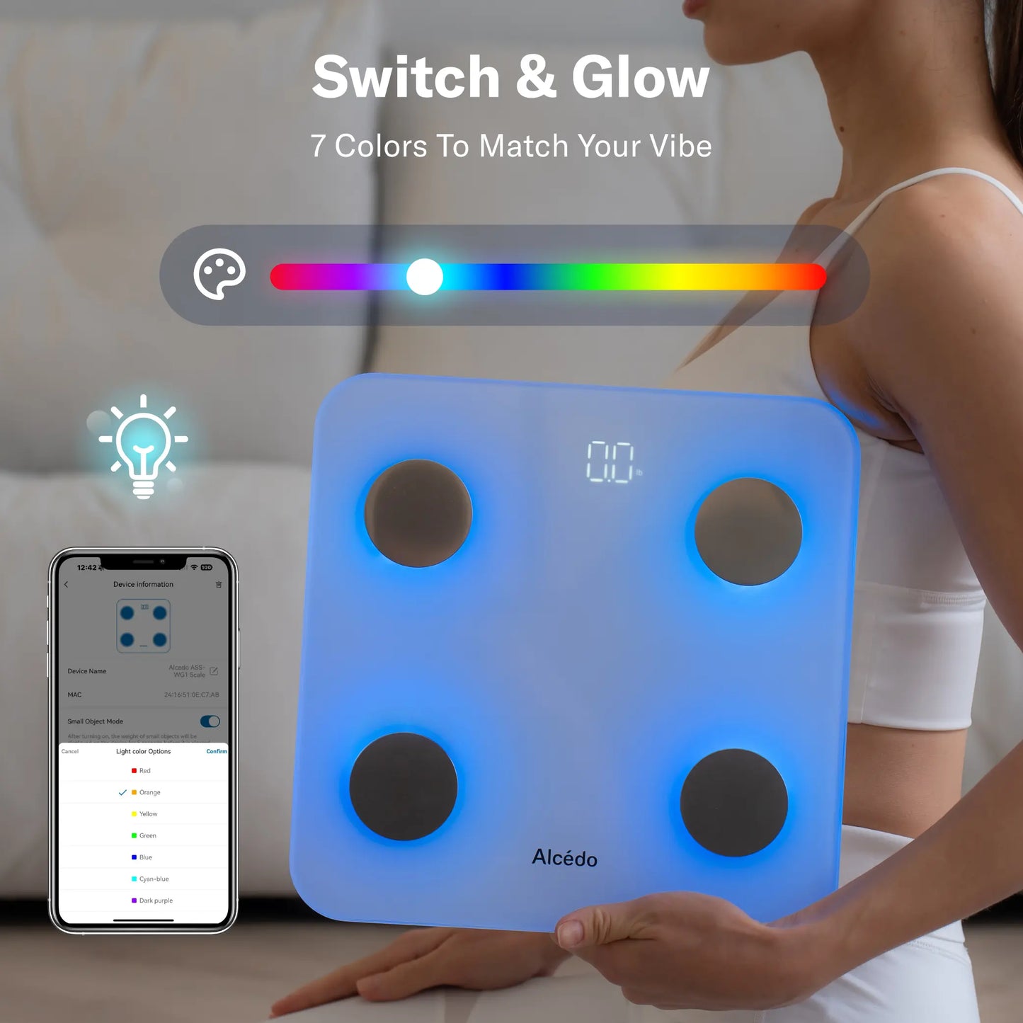 Alcedo Bluetooth Smart Scale – Digital Weight Scale with Body Fat & BMI Tracking, 7-Color Glowing Display and App-Based Body Composition Analysis
