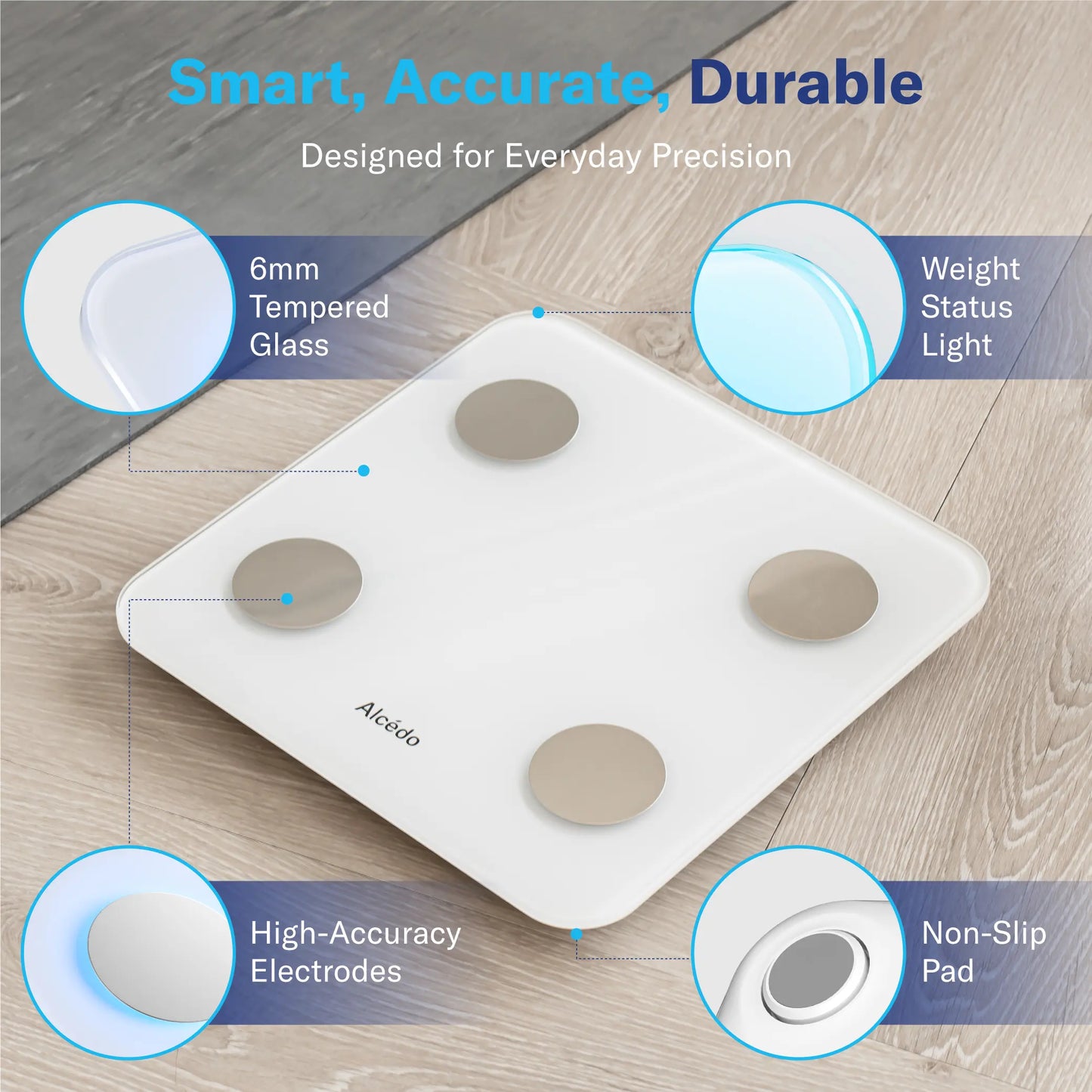 Alcedo Bluetooth Smart Scale – Digital Weight Scale with Body Fat & BMI Tracking, 7-Color Glowing Display and App-Based Body Composition Analysis
